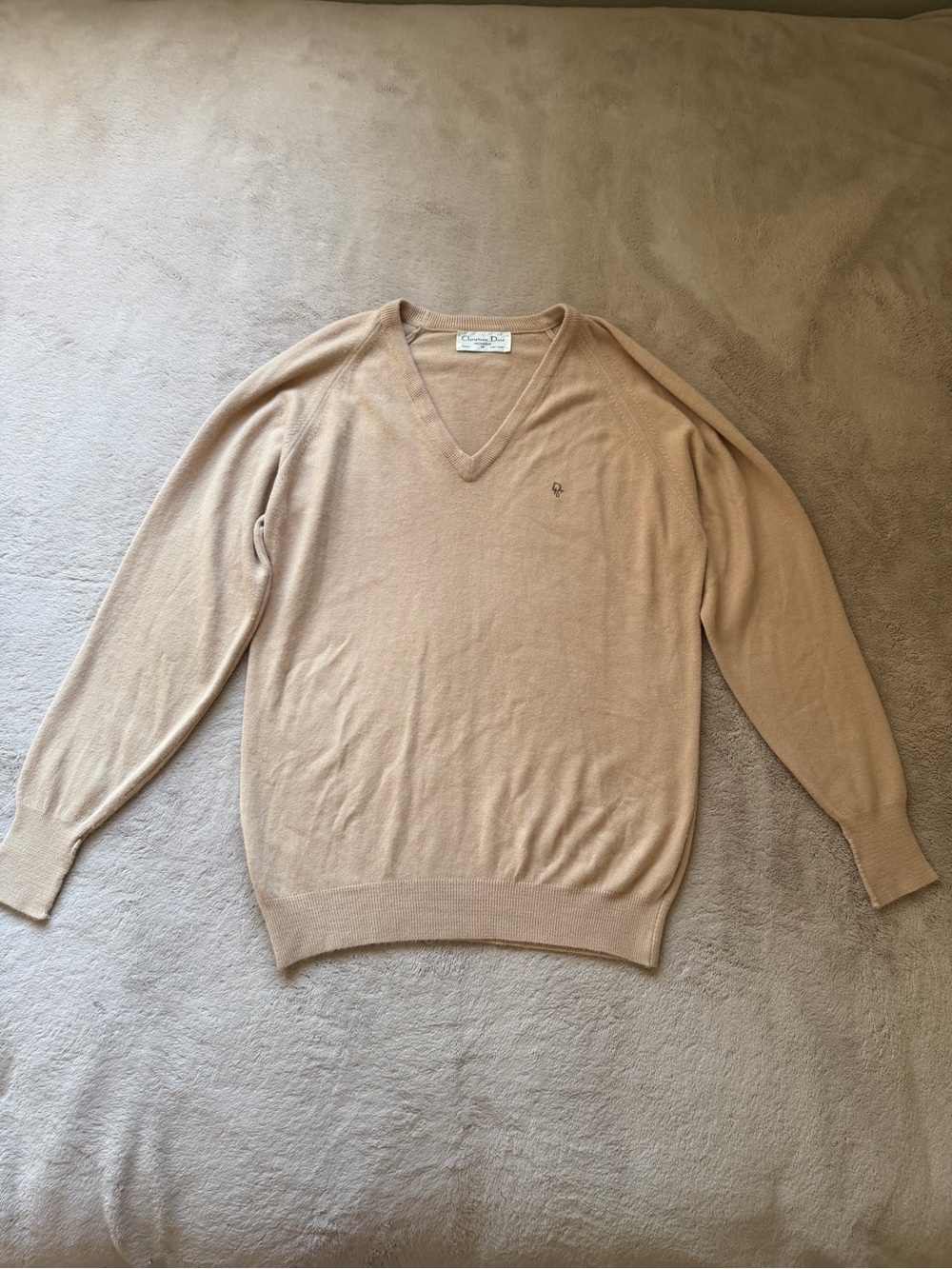 Vintage Christian Dior Monsieur Men’s V-Neck Sweater Beige Logo Made in USA M